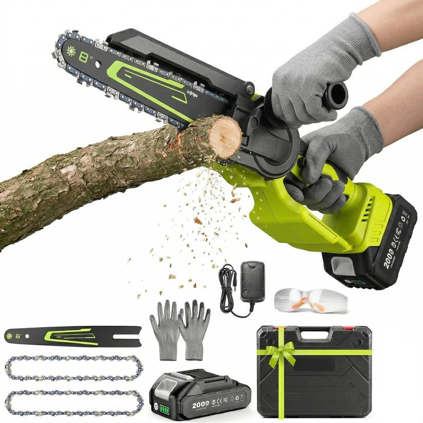 1000W Battery Powered Mini Chainsaw with 2 Batteries, 6 and 8 Inch Blade for Branch and Wood Cutting 0