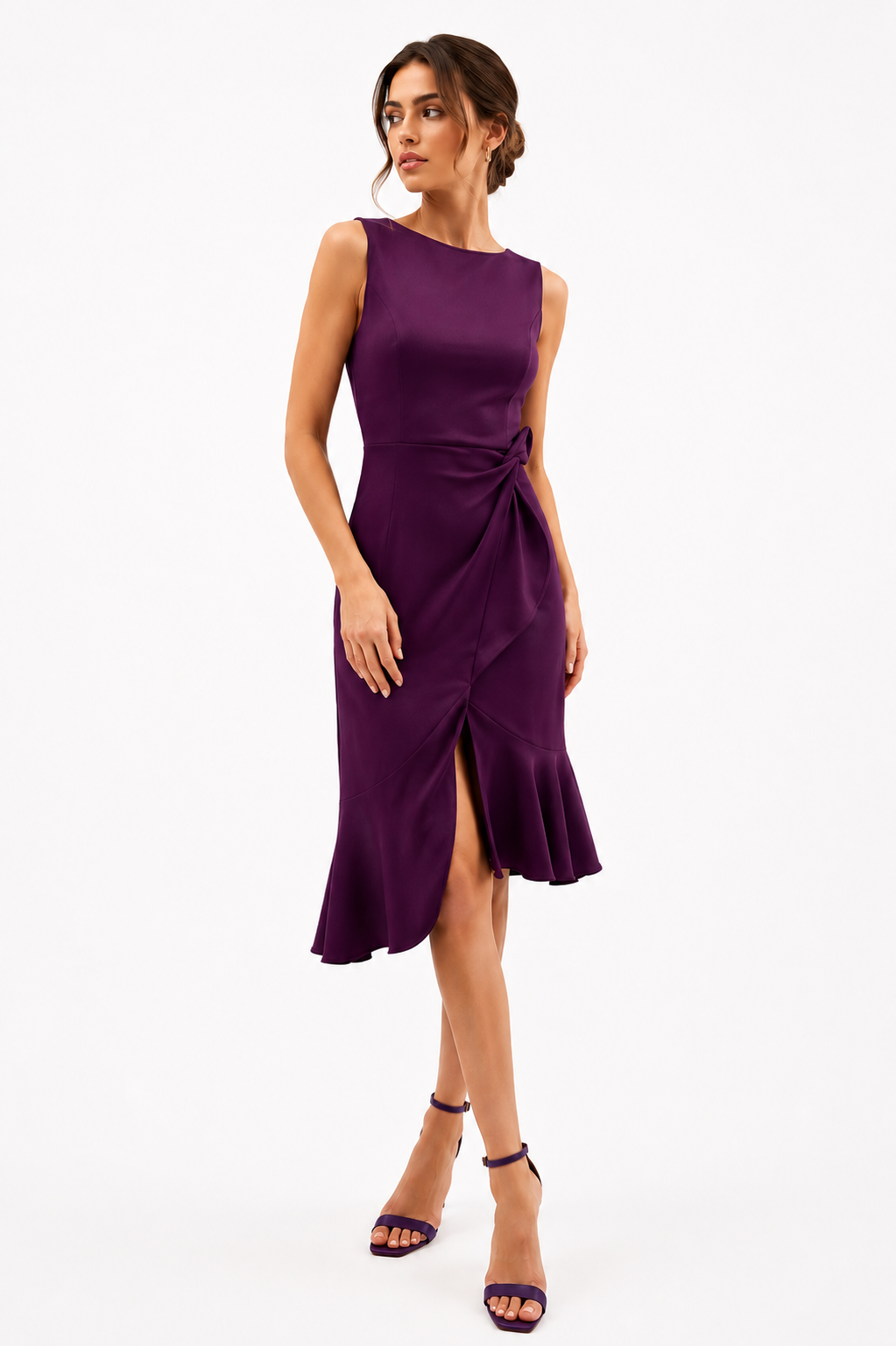 Robe midi élégante drapée pour femme | Robe de cocktail asymétrique sans manches