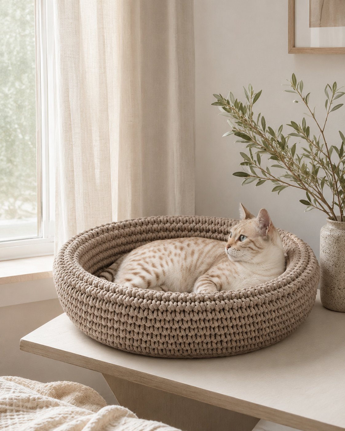 Cat Bed with Soft Cushion Base | Hand-Woven Design for Cozy Comfort 0