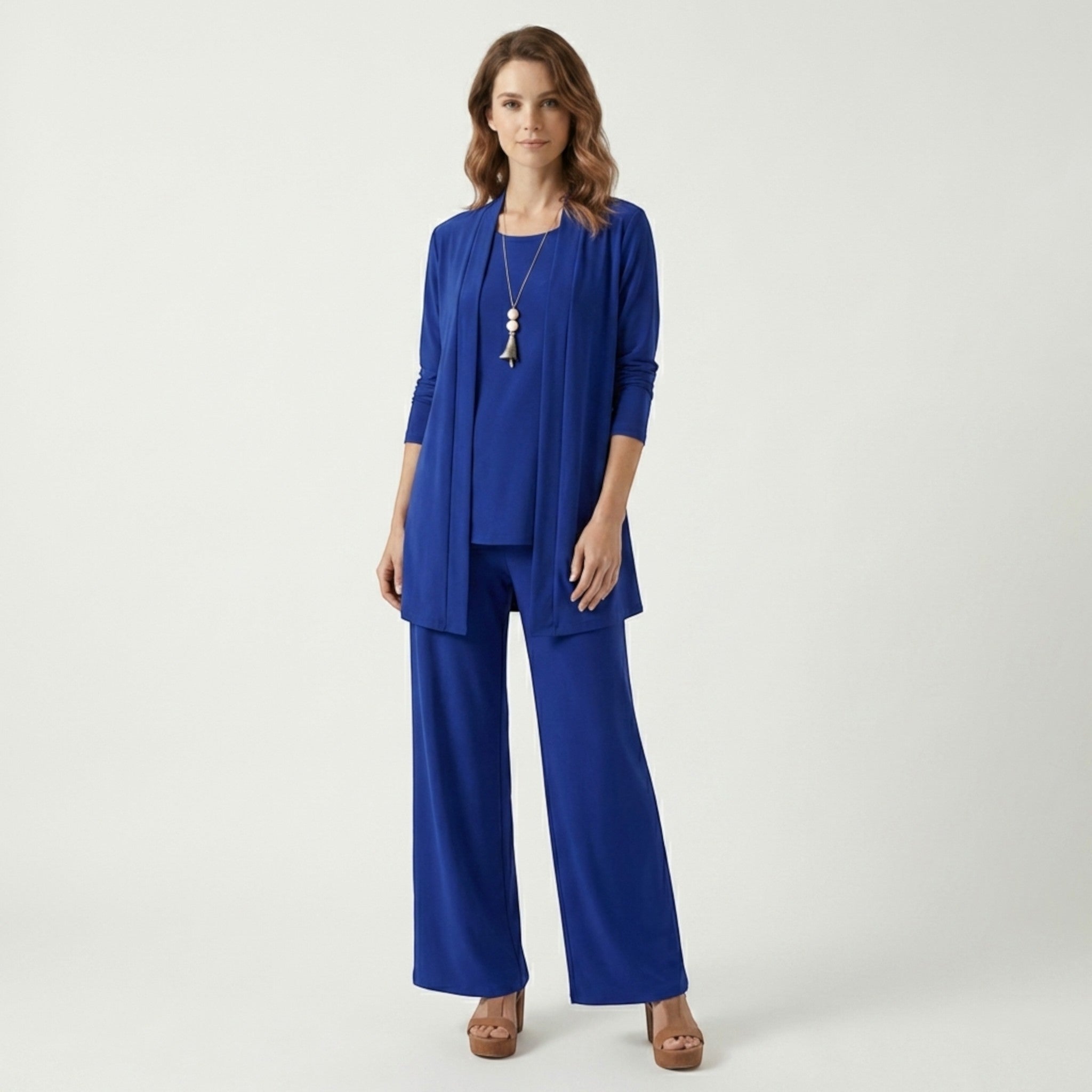 Set da donna in tessuto liscio a 3 pezzi | Cardigan elegante, top senza maniche, pantaloni a gamba larga