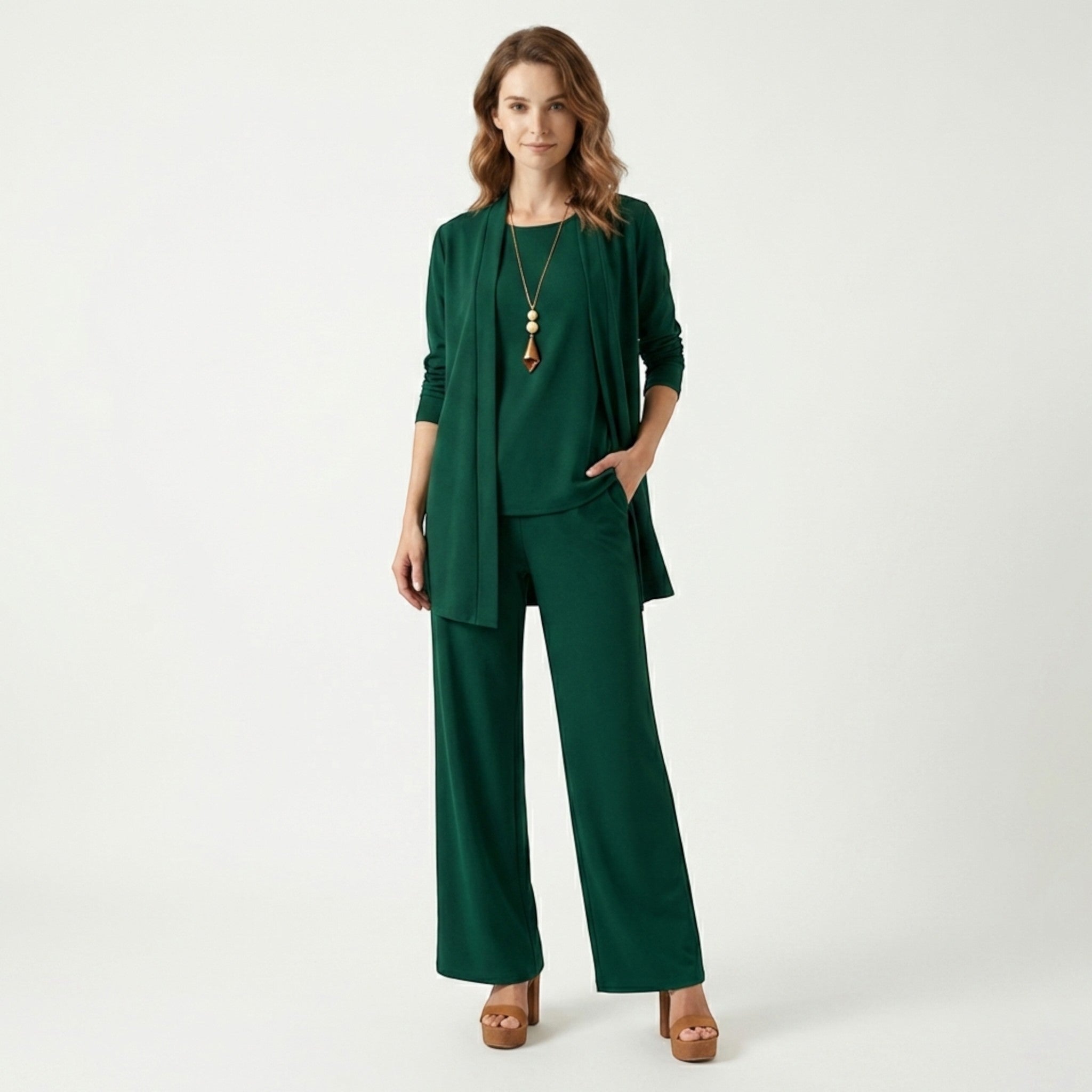 Set da donna in tessuto liscio a 3 pezzi | Cardigan elegante, top senza maniche, pantaloni a gamba larga