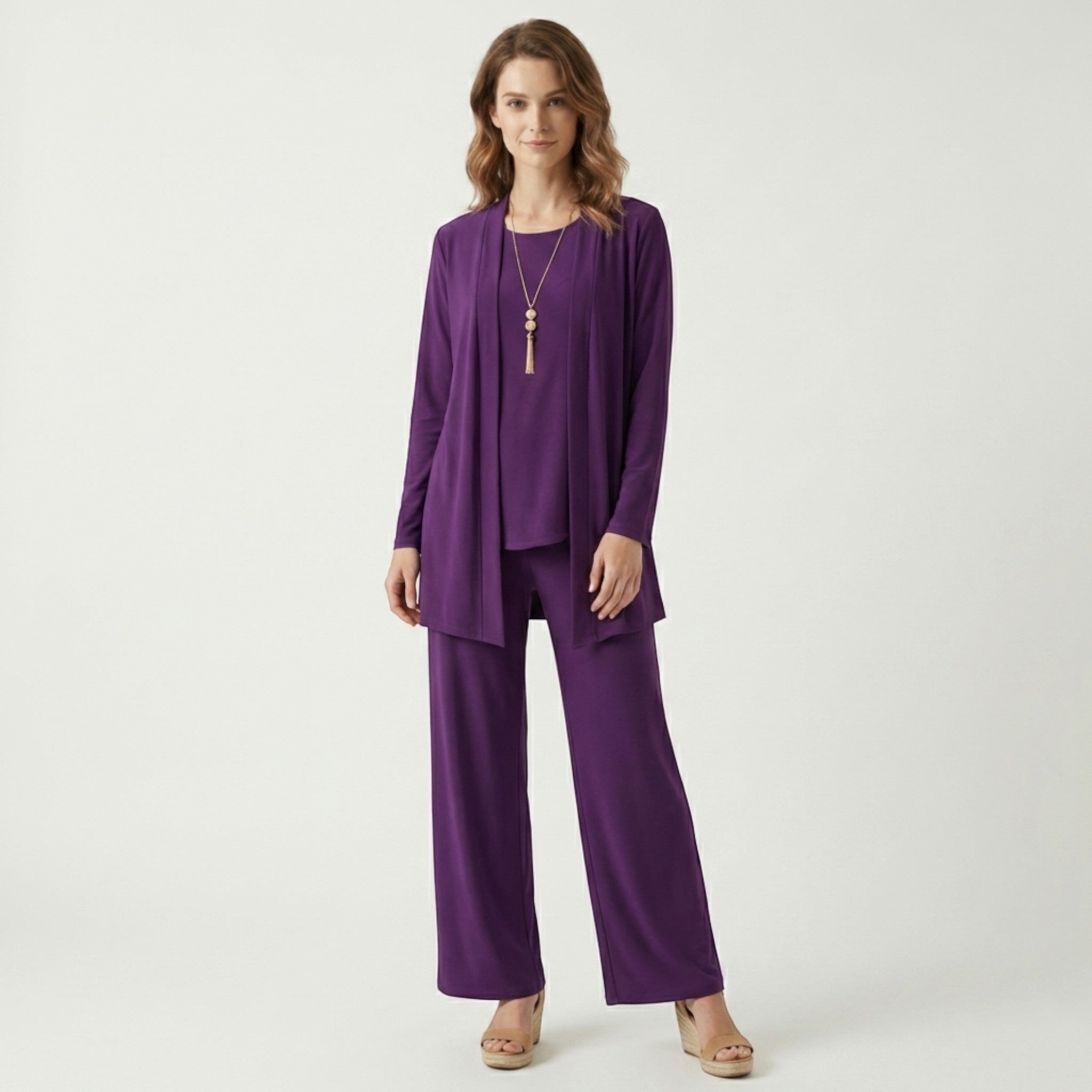Set da donna in tessuto liscio a 3 pezzi | Cardigan elegante, top senza maniche, pantaloni a gamba larga