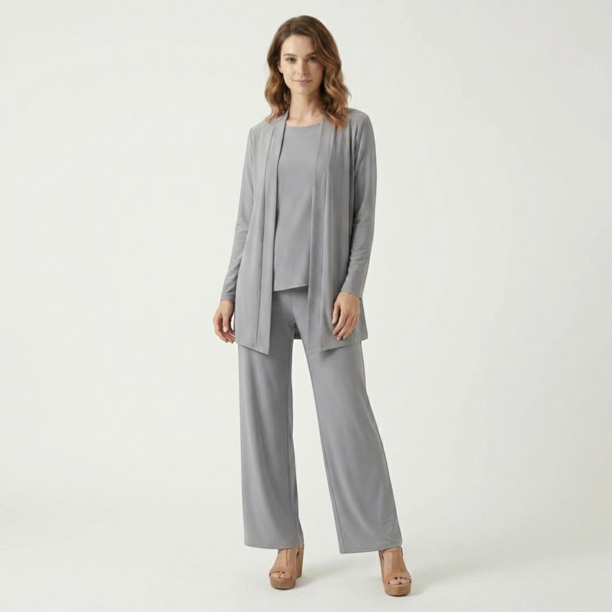 Set da donna in tessuto liscio a 3 pezzi | Cardigan elegante, top senza maniche, pantaloni a gamba larga