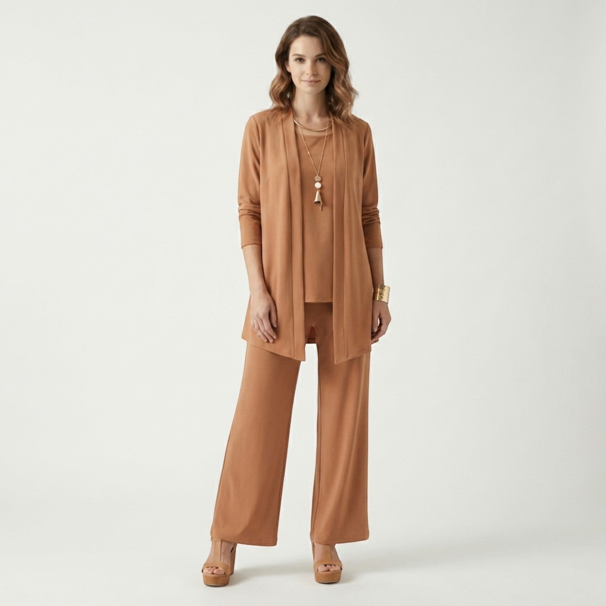 Set da donna in tessuto liscio a 3 pezzi | Cardigan elegante, top senza maniche, pantaloni a gamba larga