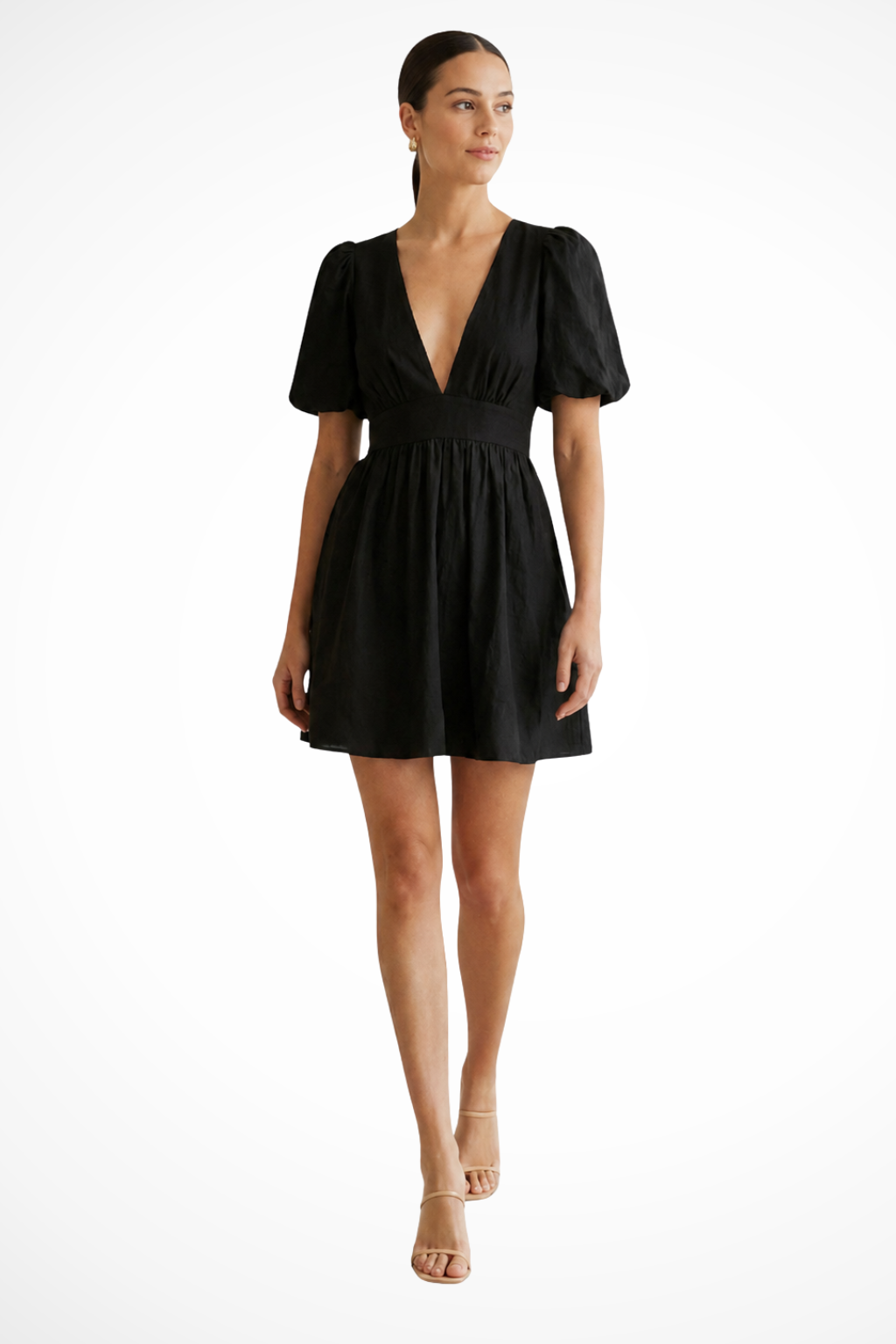 Hattie | Women V Neck Puff Sleeve Linen Mini Dress 1