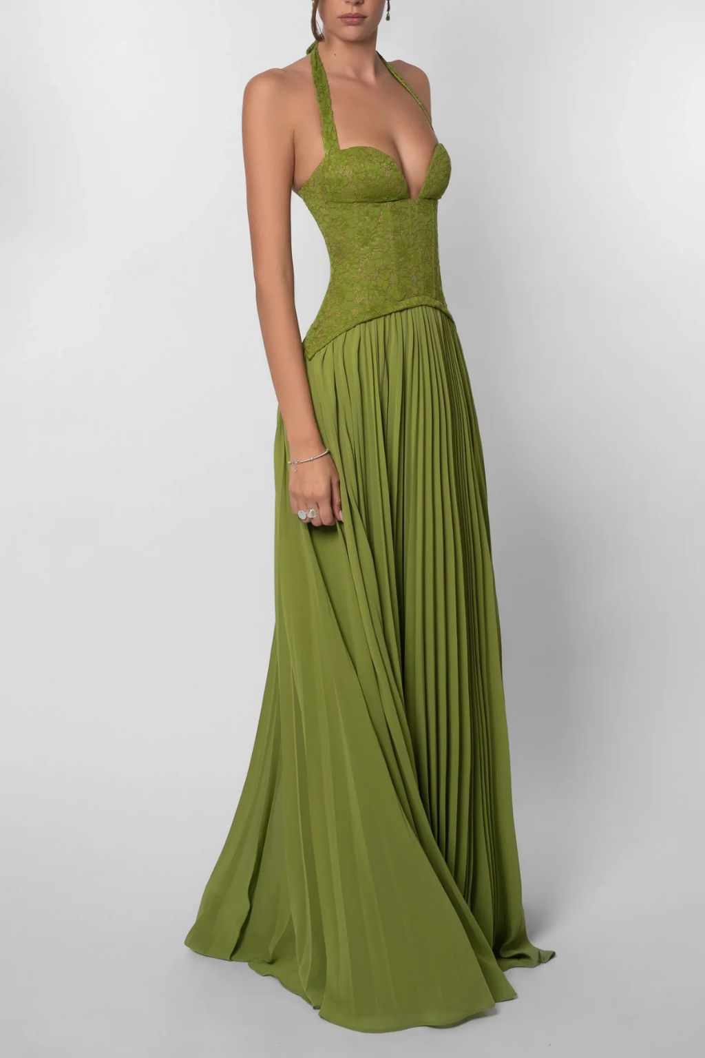Lavinia | Women Halter Lace Corset Pleated Green Wedding Guest Maxi Dress 5