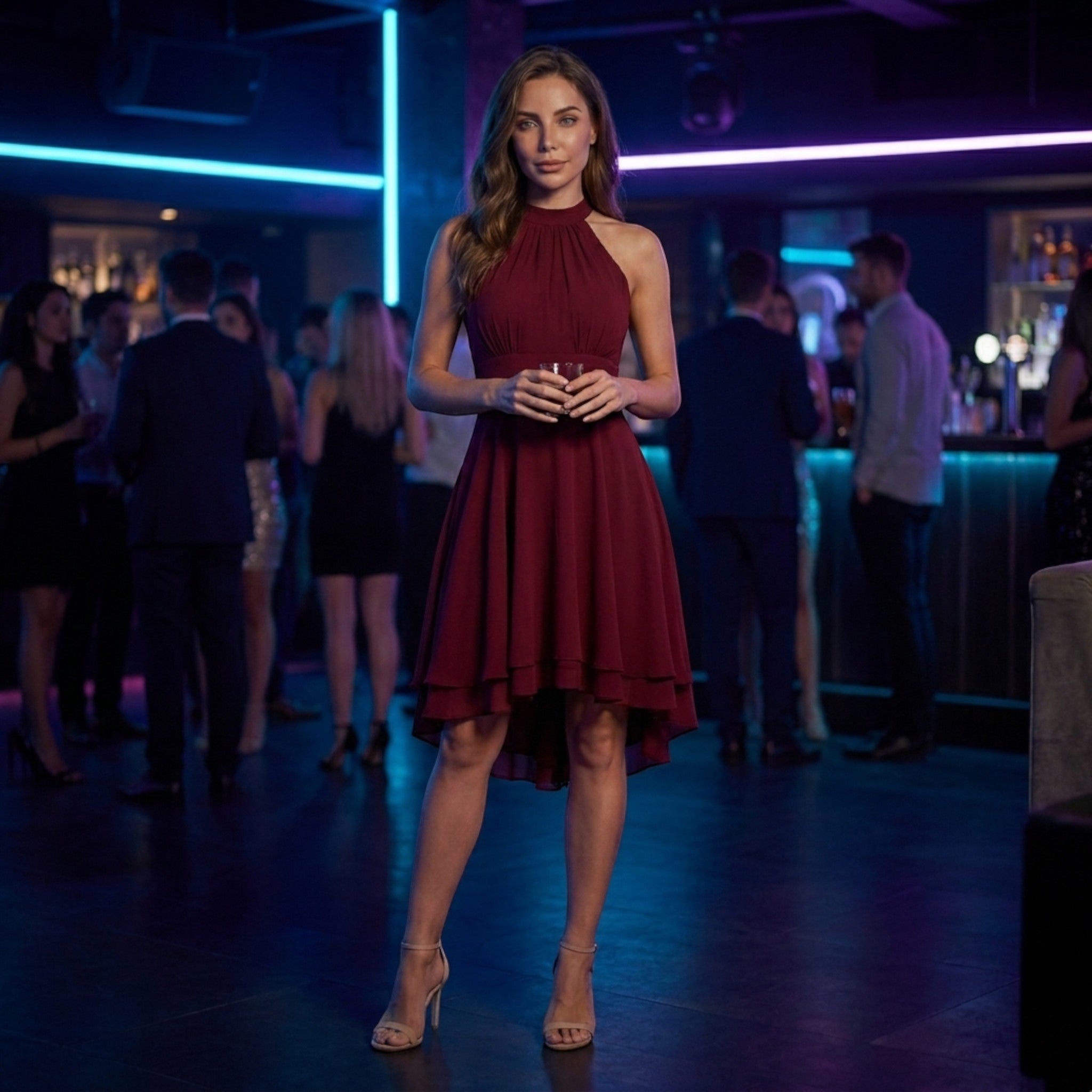 Abito corto leggero da donna con volant | Elegante abito da cocktail estivo con scollo all'americana