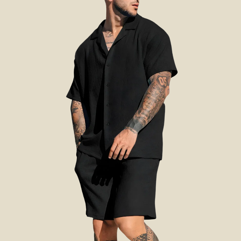 Mens Crinkle Texture Two-Piece Set | Relaxed Camp Collar Shirt and Elasticated Shorts | Summer Comfort Outfit 3
