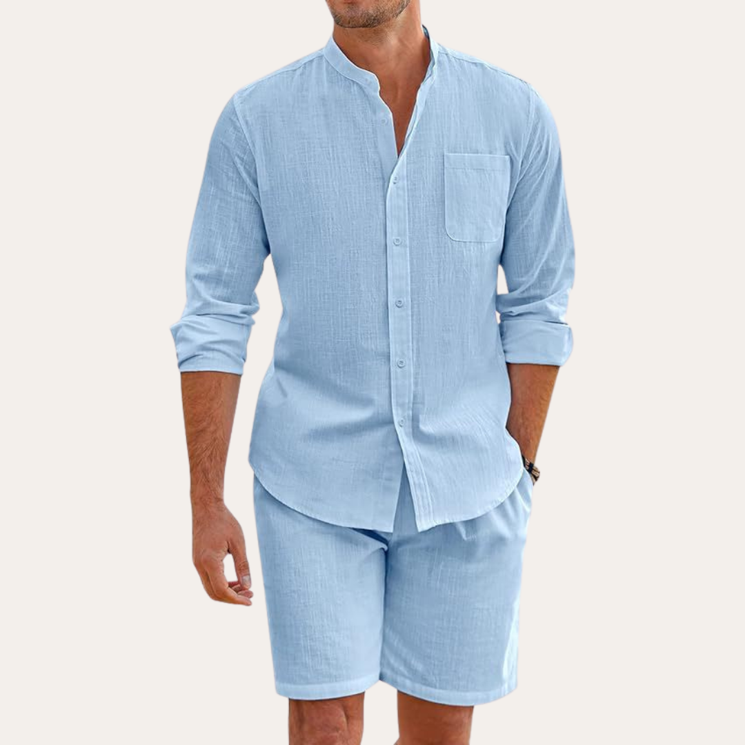 Mens Lightweight Cotton Summer Set | Relaxed Fit Long Sleeve Shirt and Shorts 4