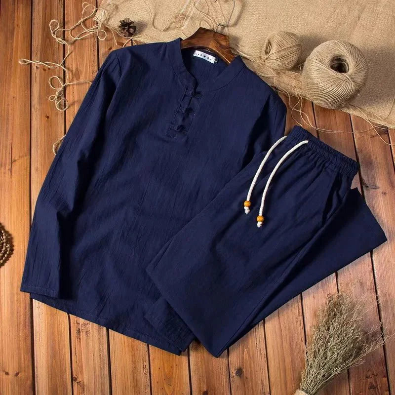 Mens Linen Blend Two-Piece Set | Relaxed Fit Long Sleeve Top and Drawstring Trousers 3