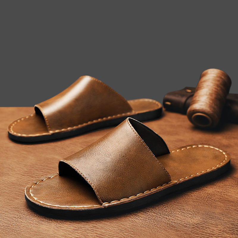 Men's Minimalist Leather Slide Sandals | Stylish Wide Strap Casual Footwear 0