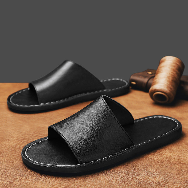 Men's Minimalist Leather Slide Sandals | Stylish Wide Strap Casual Footwear 1