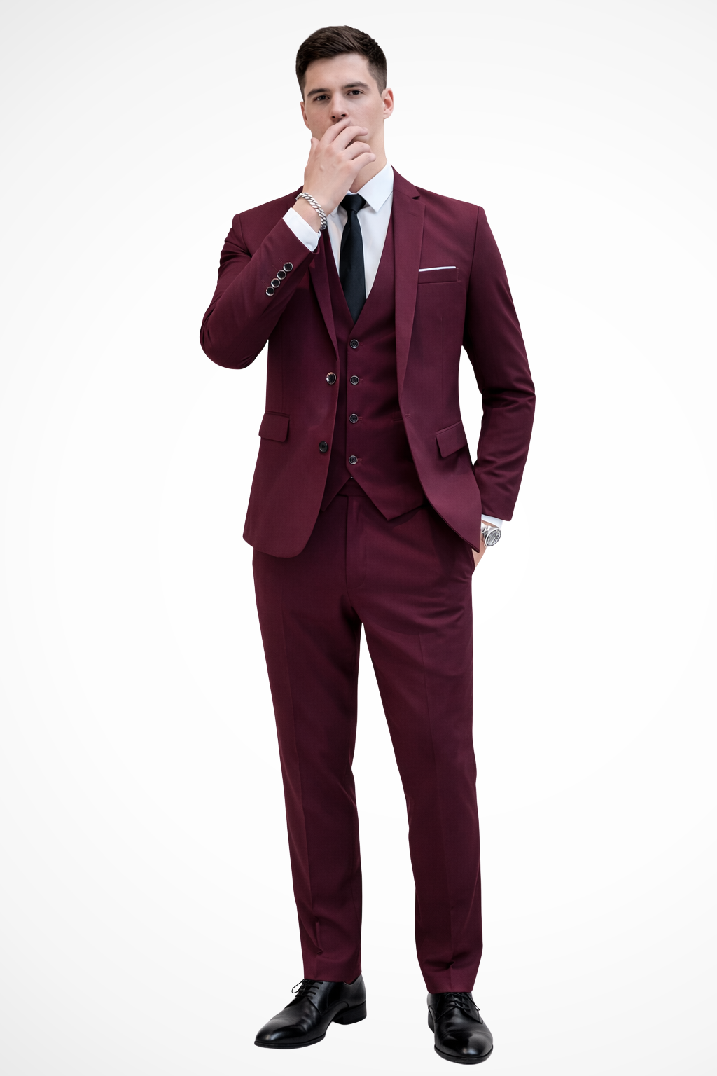 Men's Tailored Burgundy Three-Piece Suit | Elegant Slim Fit Wedding Attire 0