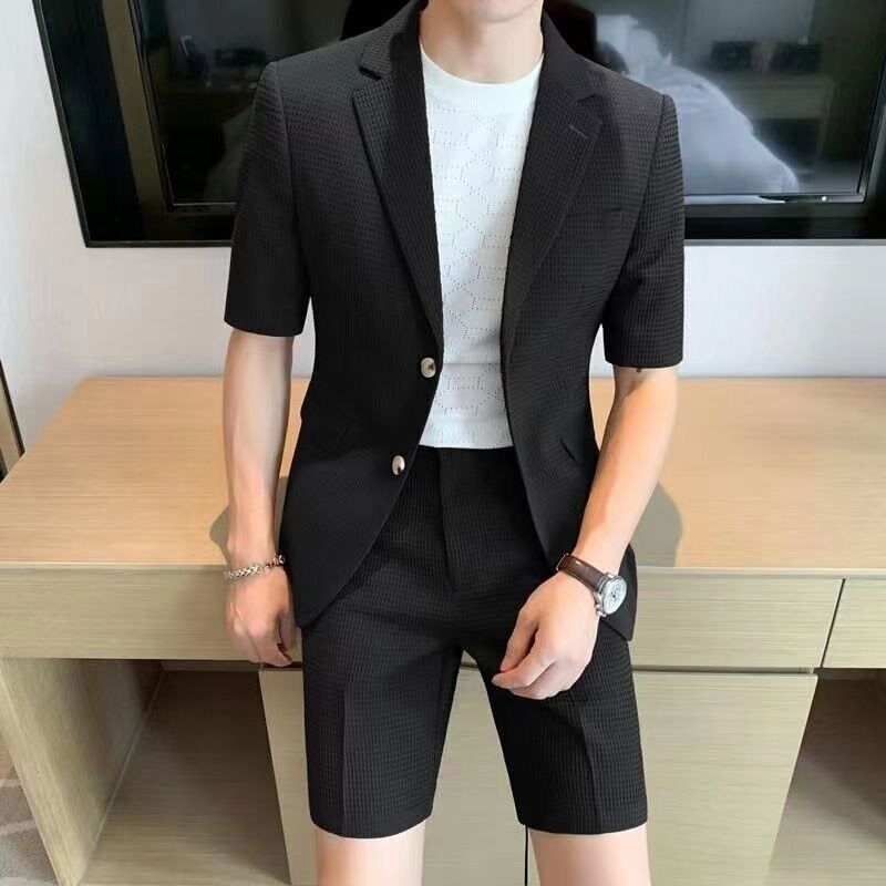 Mens Textured Woven Two-Piece Set | Stylish Short Sleeve Blazer and Shorts for Summer 2