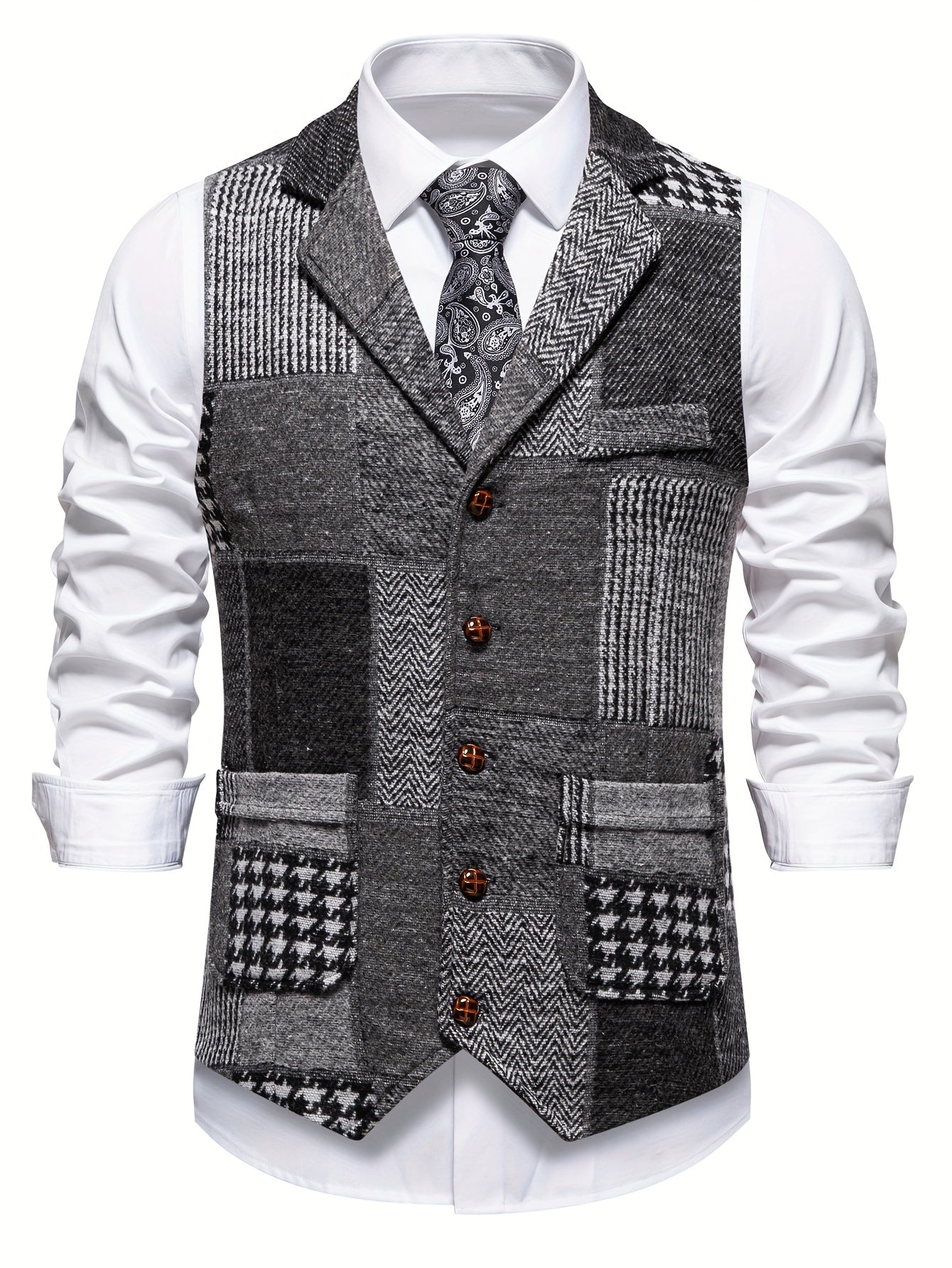 Men's Tweed Spike Pattern Vest | Structured Tailored Fit for Formal Occasions 1
