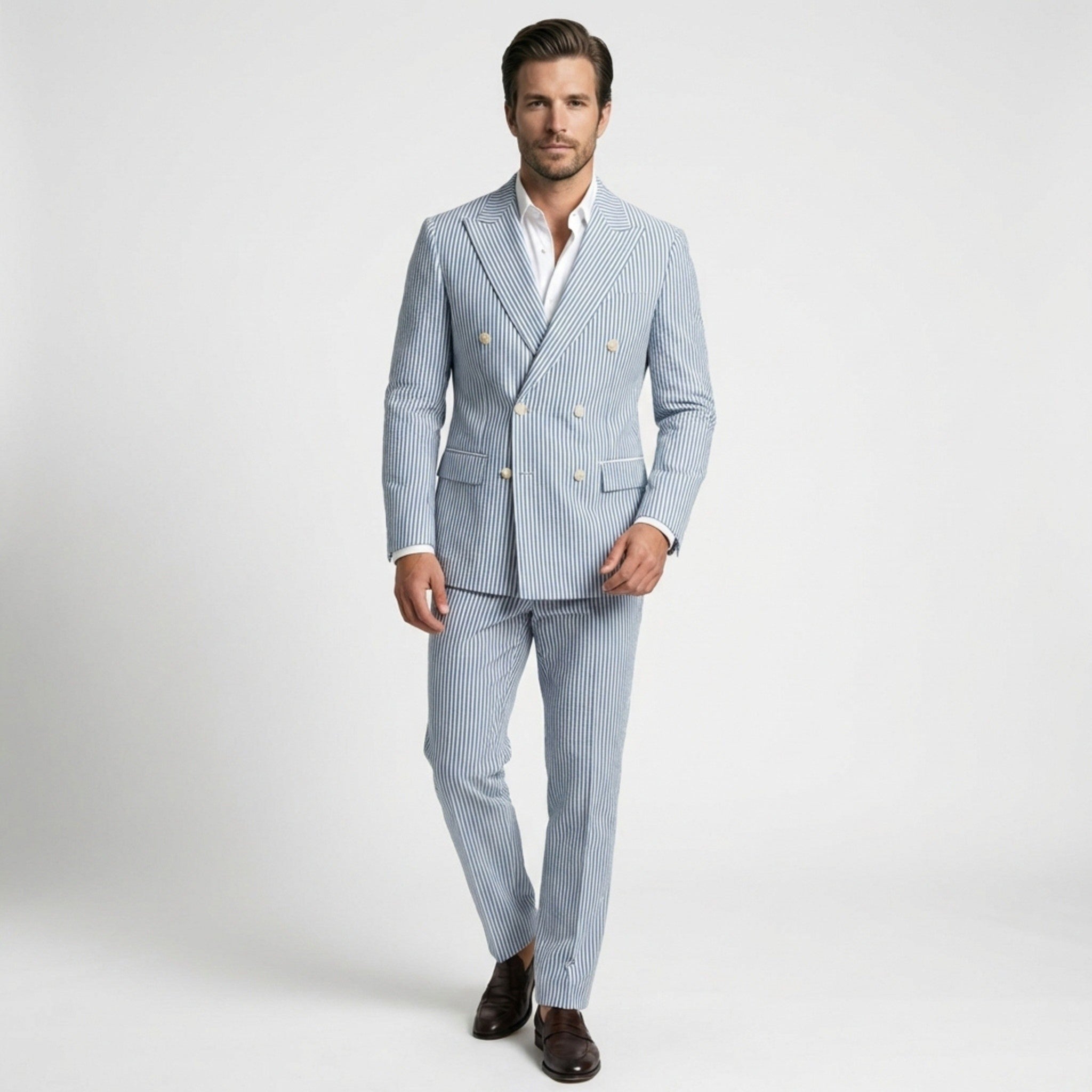 Men's Woven Fabric Beach Wedding Suit | Tailored Double-Breasted Striped Blazer and Trousers 5
