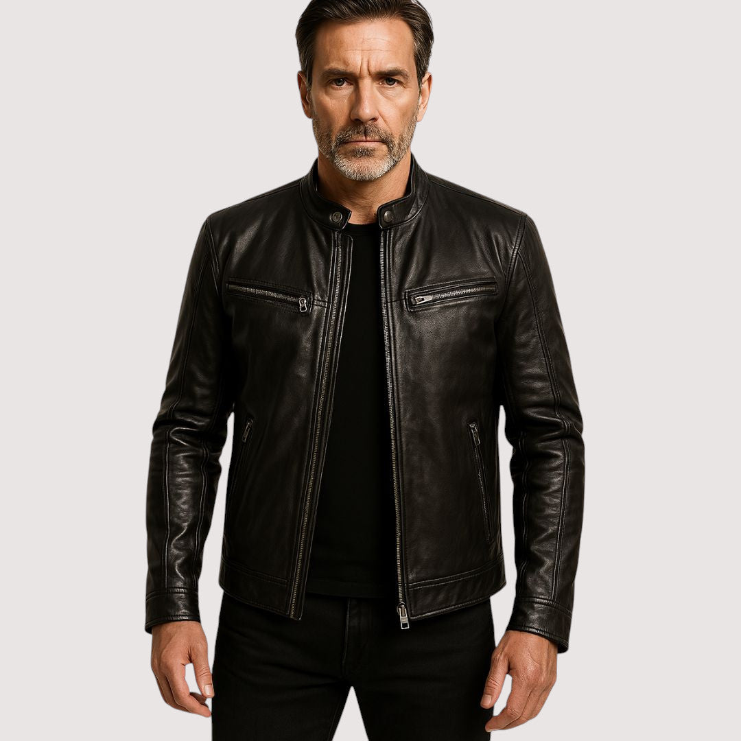 Men's leather jacket with stand-up collar 1