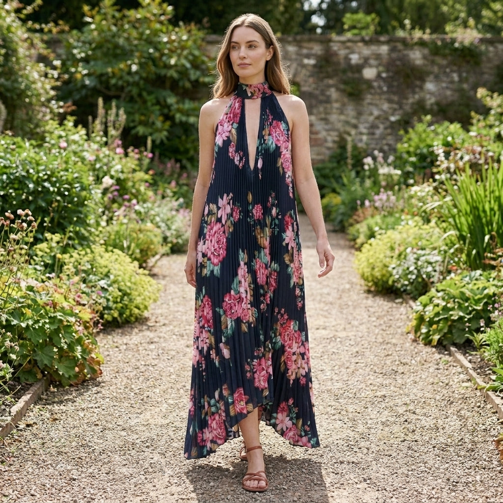 Vestido maxi estampado multicolor para mujer | Elegante vestido plisado con cuello halter