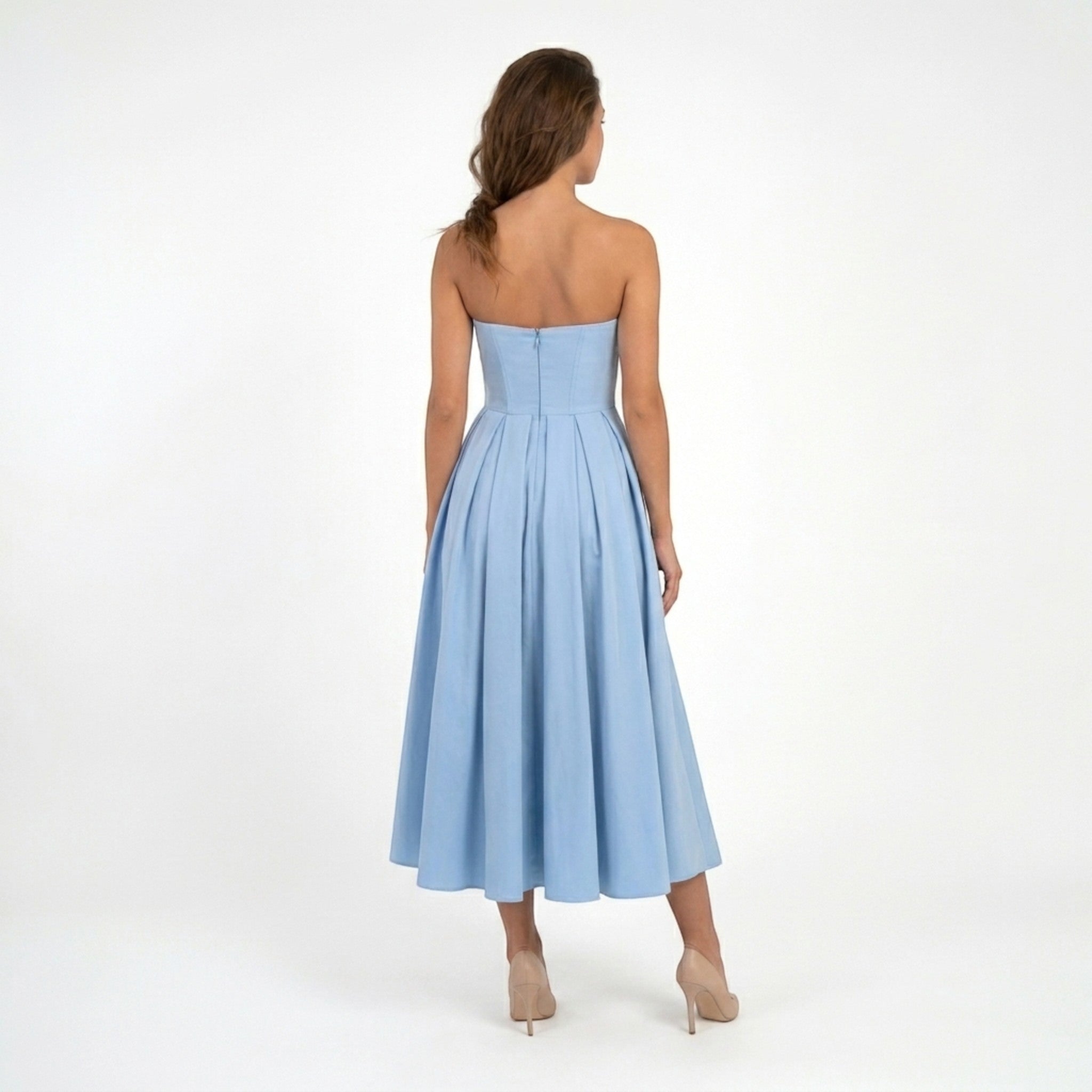 Abito midi senza spalline in tessuto liscio da donna | Elegante abito formale a corpetto e linea ad A