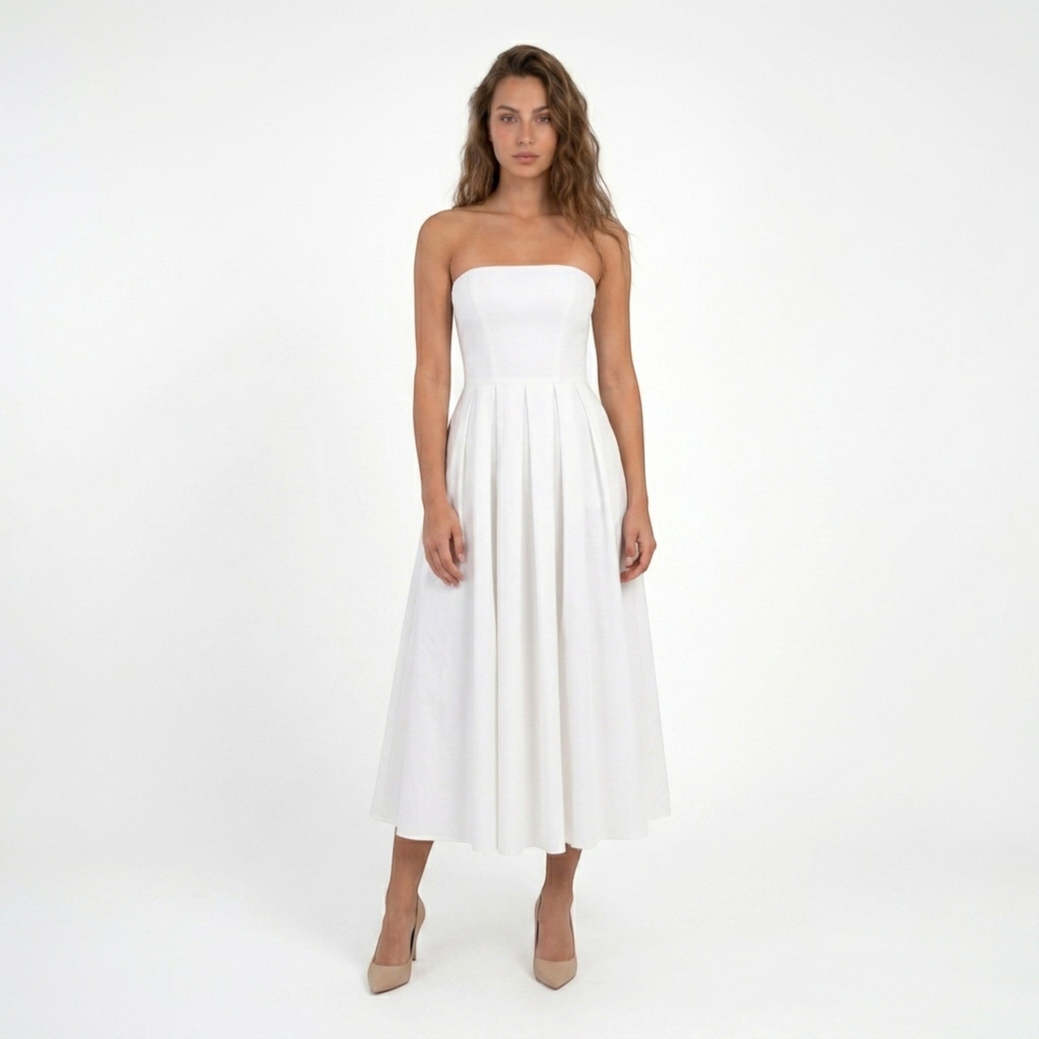 Abito midi senza spalline in tessuto liscio da donna | Elegante abito formale a corpetto e linea ad A