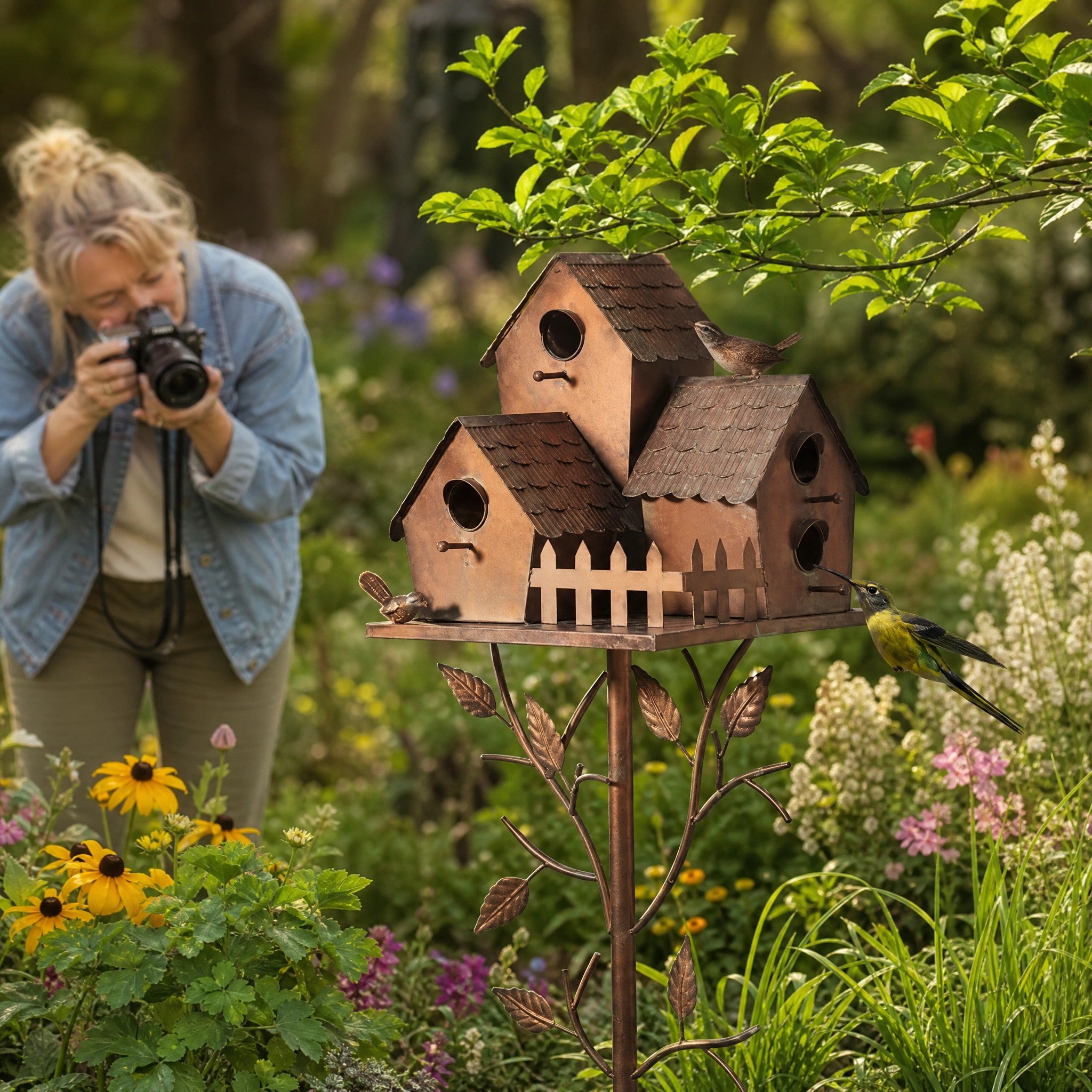 Rustic Metal Birdhouse Garden Stake with Decorative Birds and Leaf Design