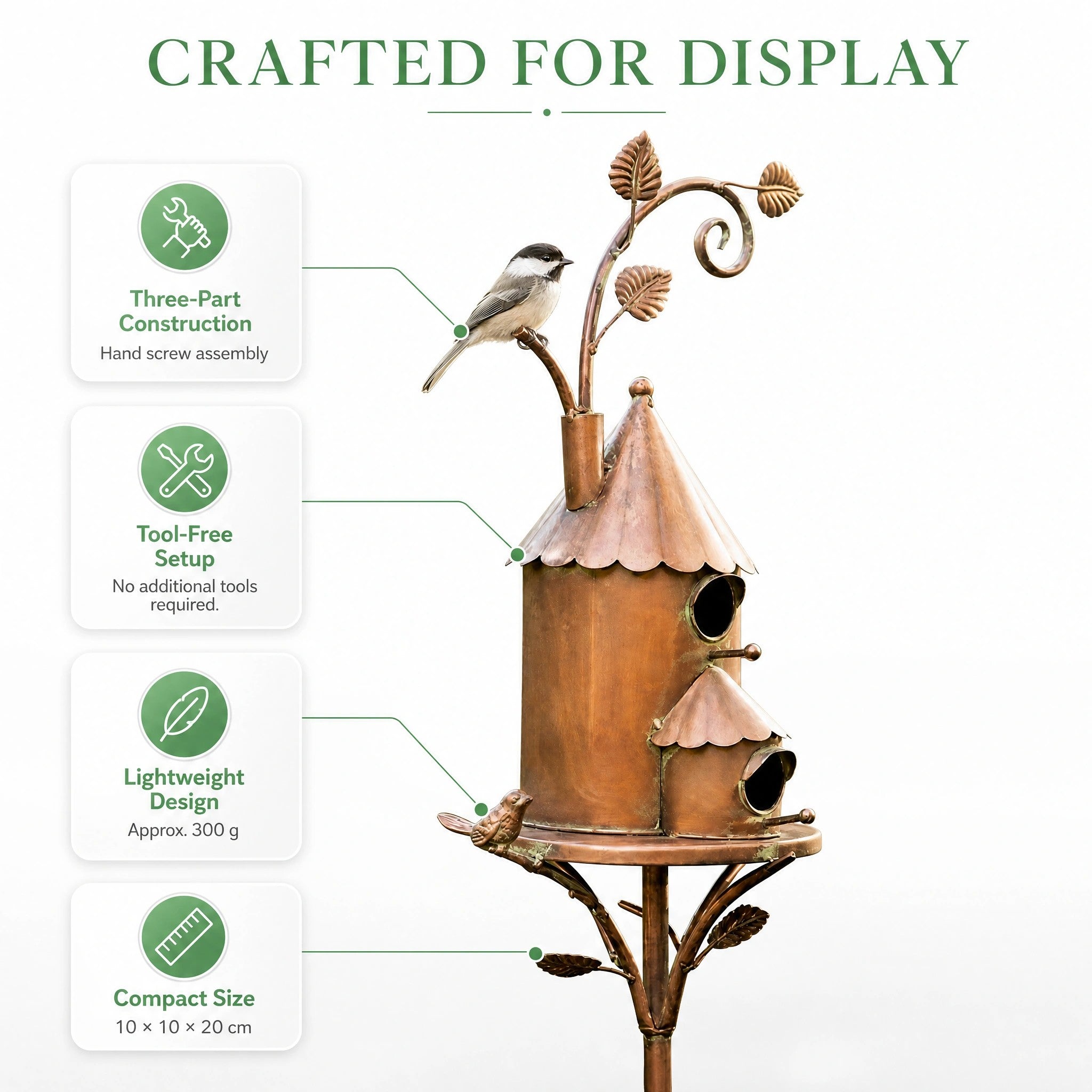 Rustic Metal Birdhouse Garden Stake with Decorative Birds and Leaf Design