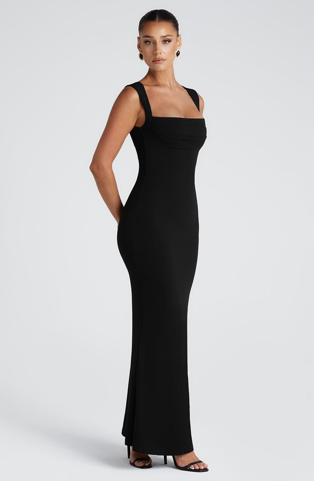 Women's Black Bodycon Maxi Dress | Sculpted Square Neck Formal Gown 5
