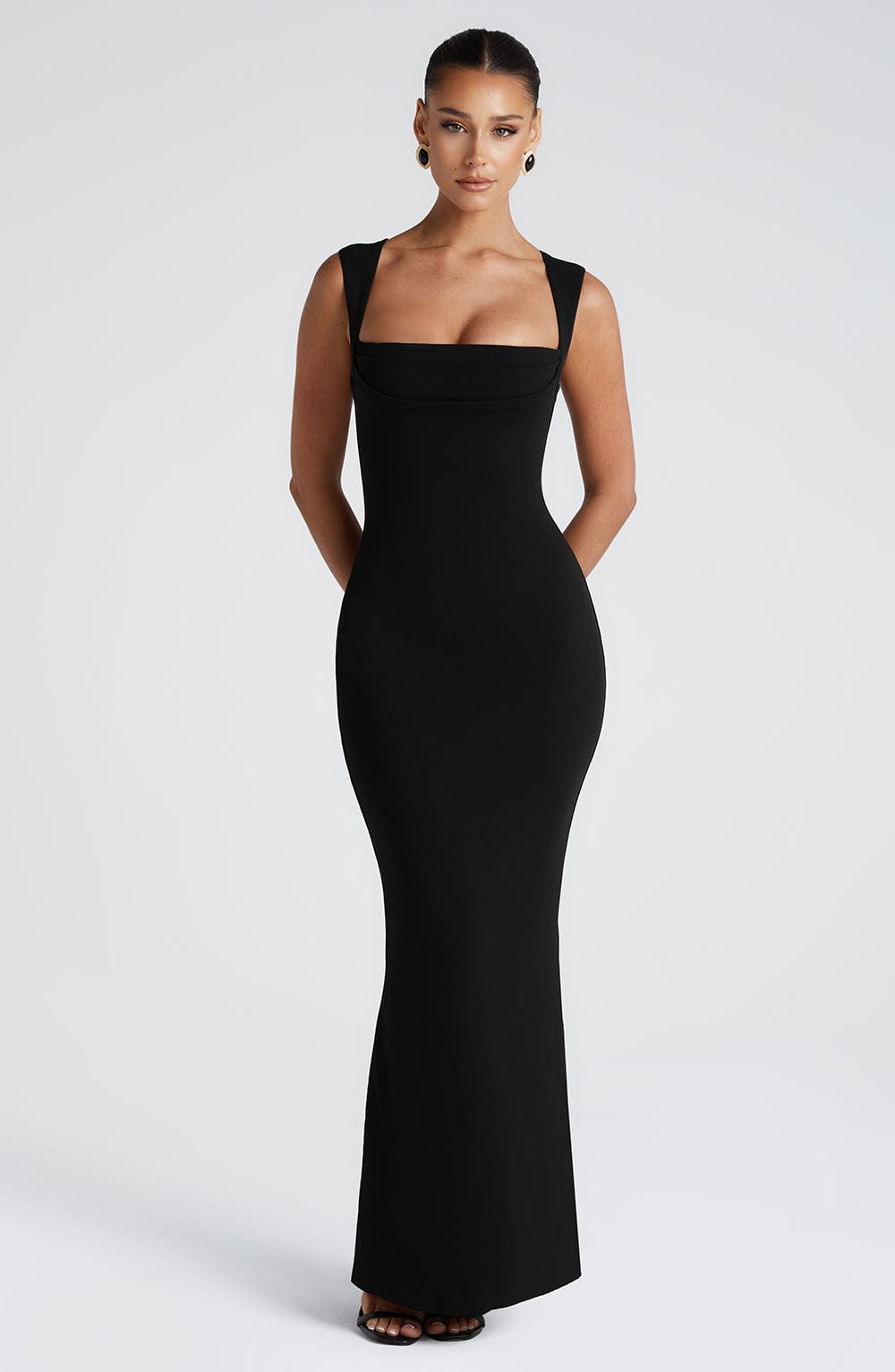 Women's Black Bodycon Maxi Dress | Sculpted Square Neck Formal Gown 6