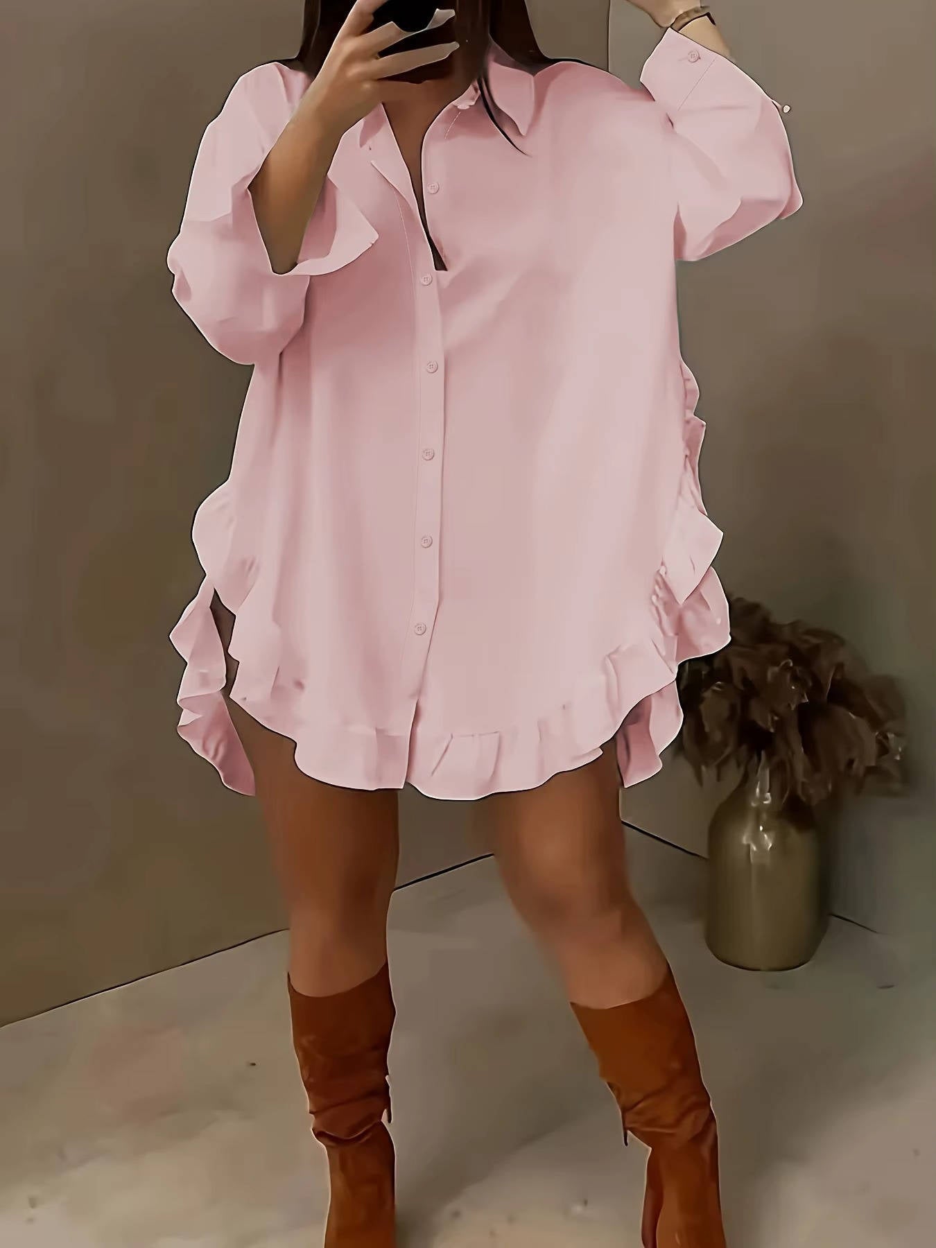 Women's Breathable Fabric Button Front Blouse | Relaxed Oversized Summer Top with Cascading Ruffle Trim 0