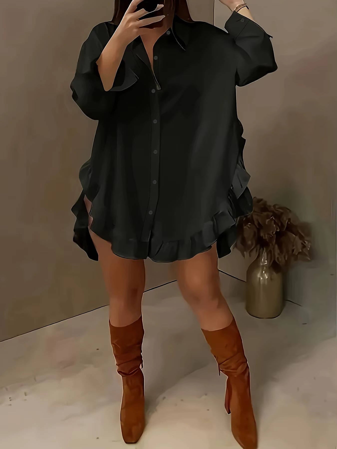 Women's Breathable Fabric Button Front Blouse | Relaxed Oversized Summer Top with Cascading Ruffle Trim 4