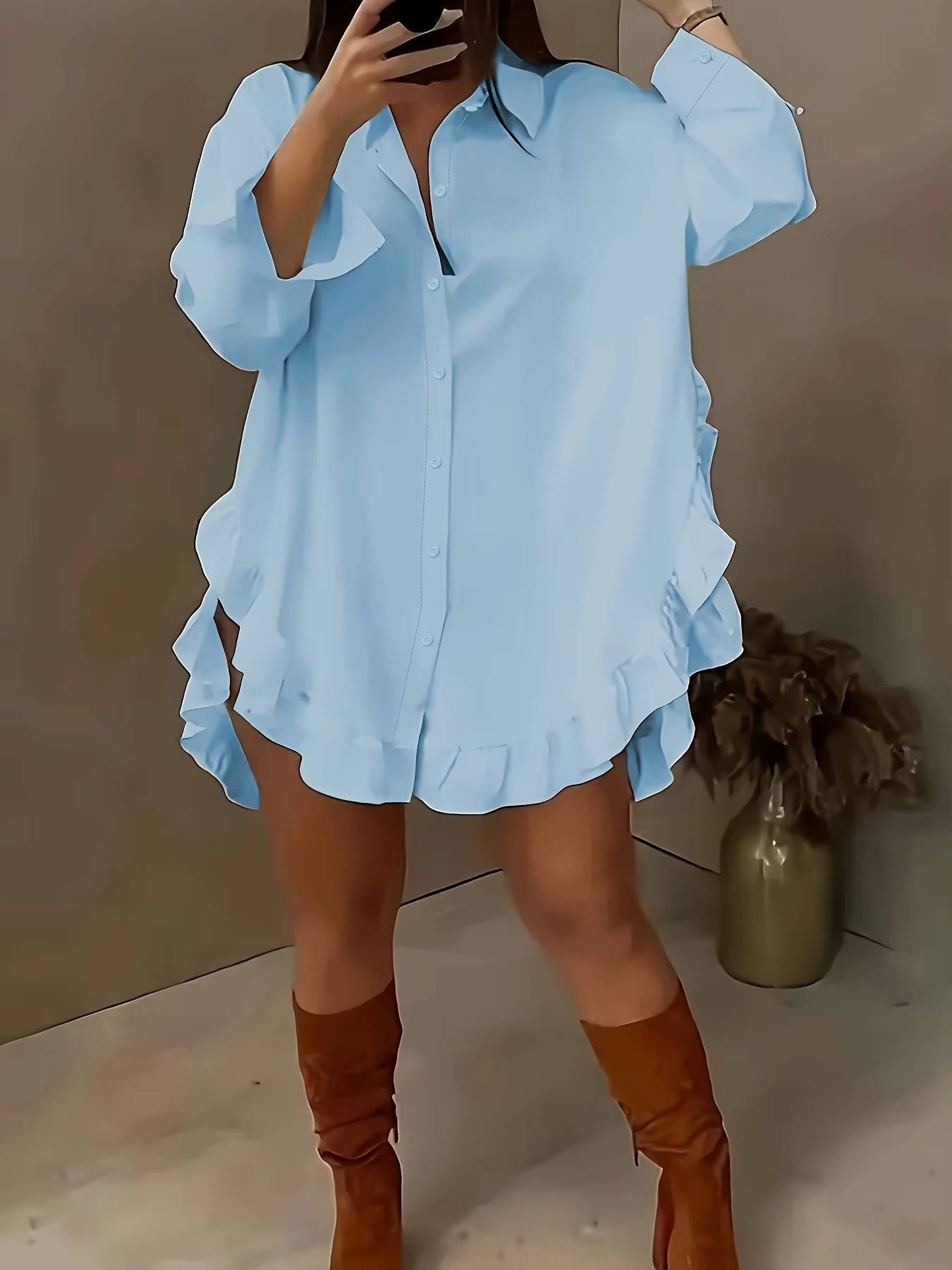 Women's Breathable Fabric Button Front Blouse | Relaxed Oversized Summer Top with Cascading Ruffle Trim 6