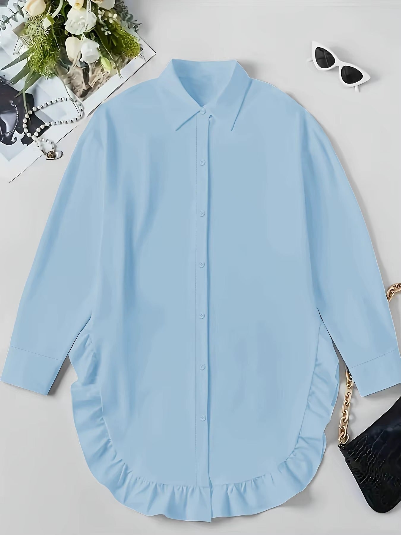 Women's Breathable Fabric Button Front Blouse | Relaxed Oversized Summer Top with Cascading Ruffle Trim 7