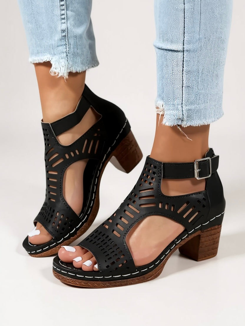 Women's Breathable Leather Sandals | Elegant Block Heel Cutout Design 0