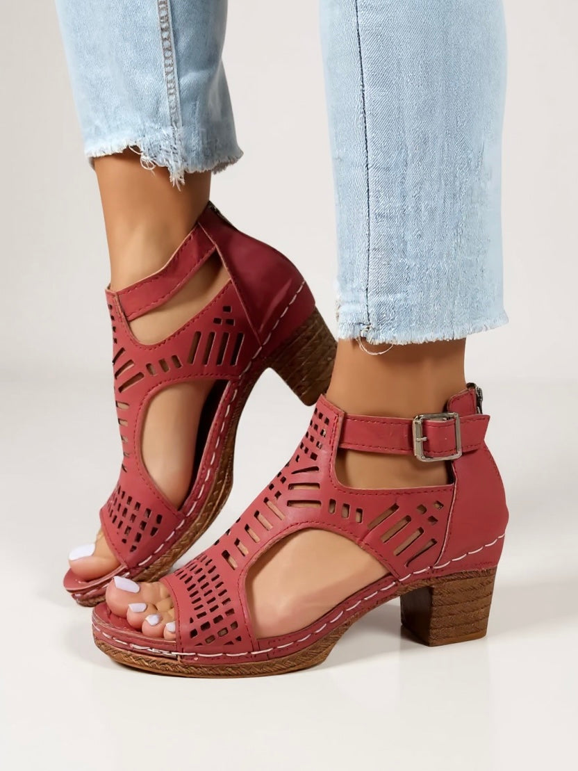 Women's Breathable Leather Sandals | Elegant Block Heel Cutout Design 1