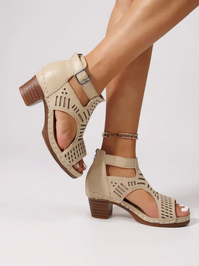 Women's Breathable Leather Sandals | Elegant Block Heel Cutout Design 2