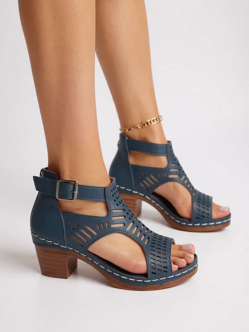 Women's Breathable Leather Sandals | Elegant Block Heel Cutout Design 5