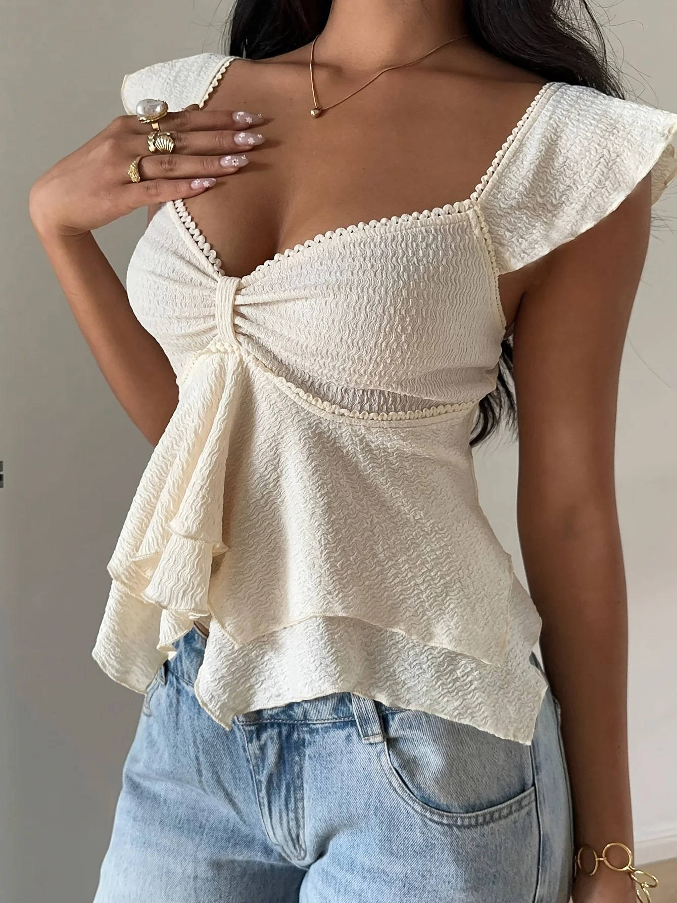 Women's Cotton Blend Flutter Sleeve Blouse | Stylish Sweetheart Summer Top for Women 0