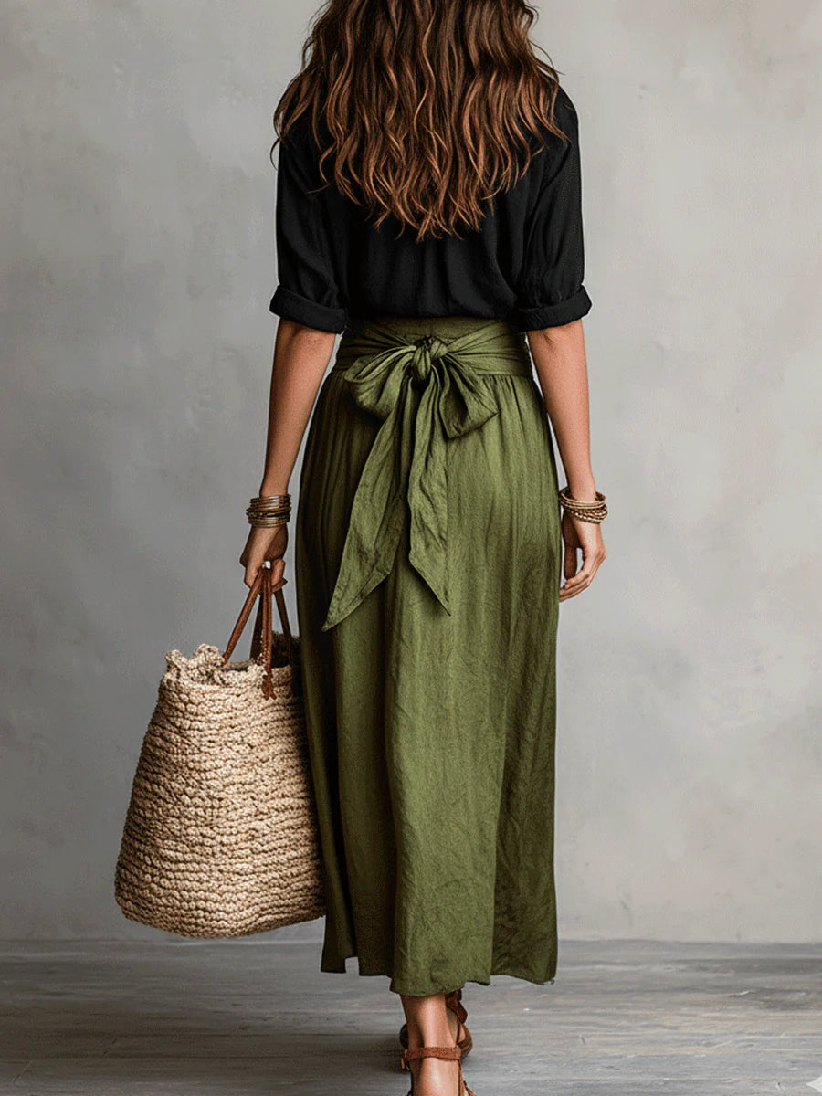 Women's Cotton Blend Two-Piece Set | Stylish Long Sleeve Top and Midi Skirt 2