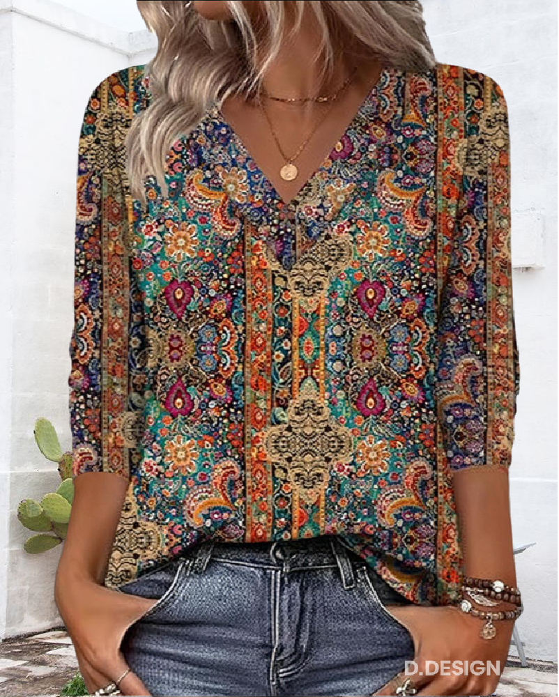 Women's Cotton Bohemian Print Blouse | Flowy Vintage V-Neck Summer Top 1