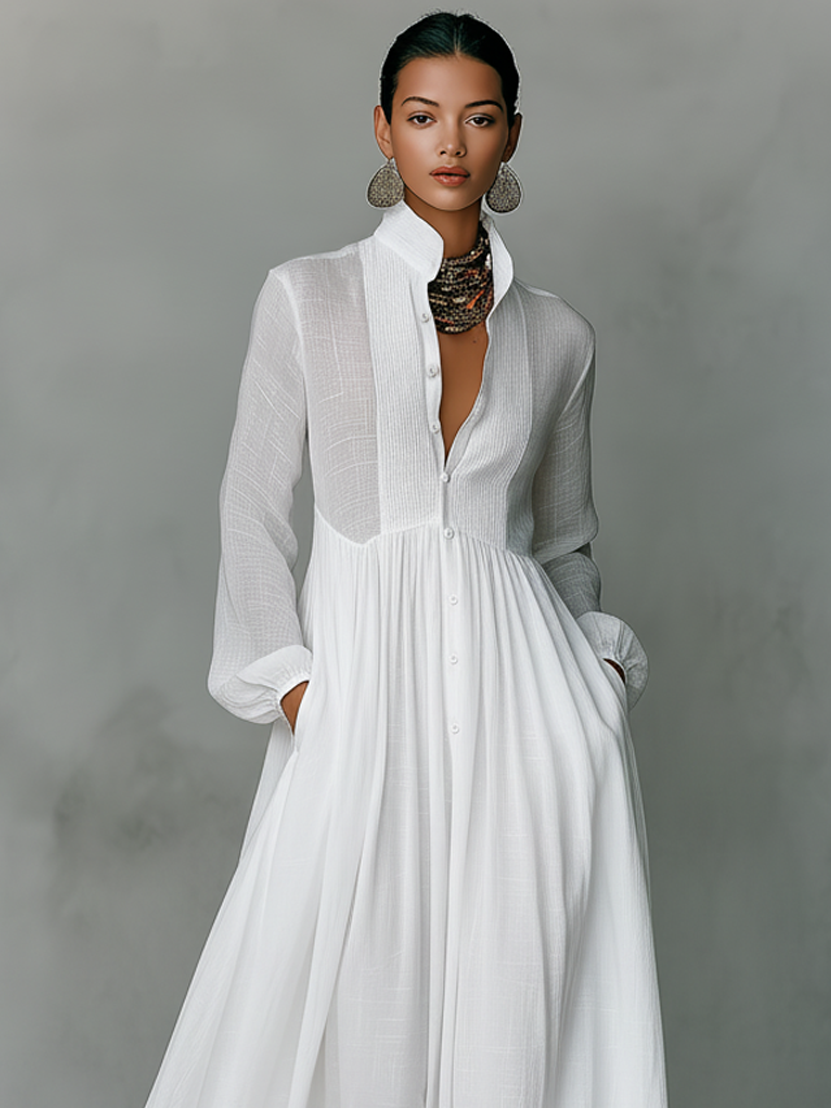 Women's Cotton Linen Maxi Dress | Elegant Patchwork Long Sleeve Spring Autumn Dress 4