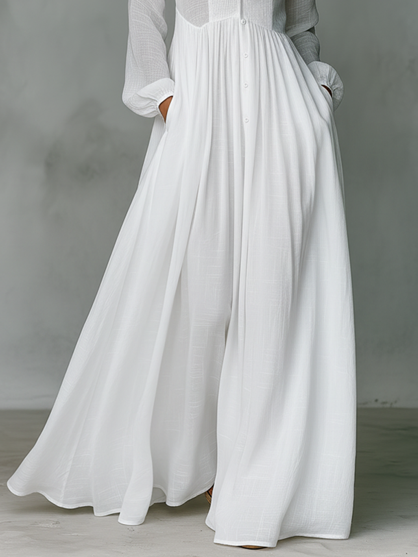 Women's Cotton Linen Maxi Dress | Elegant Patchwork Long Sleeve Spring Autumn Dress 5