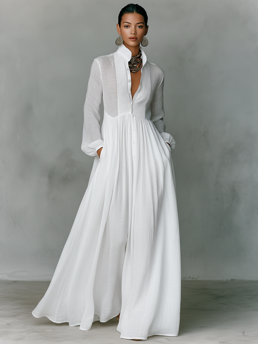 Women's Cotton Linen Maxi Dress | Elegant Patchwork Long Sleeve Spring Autumn Dress 6