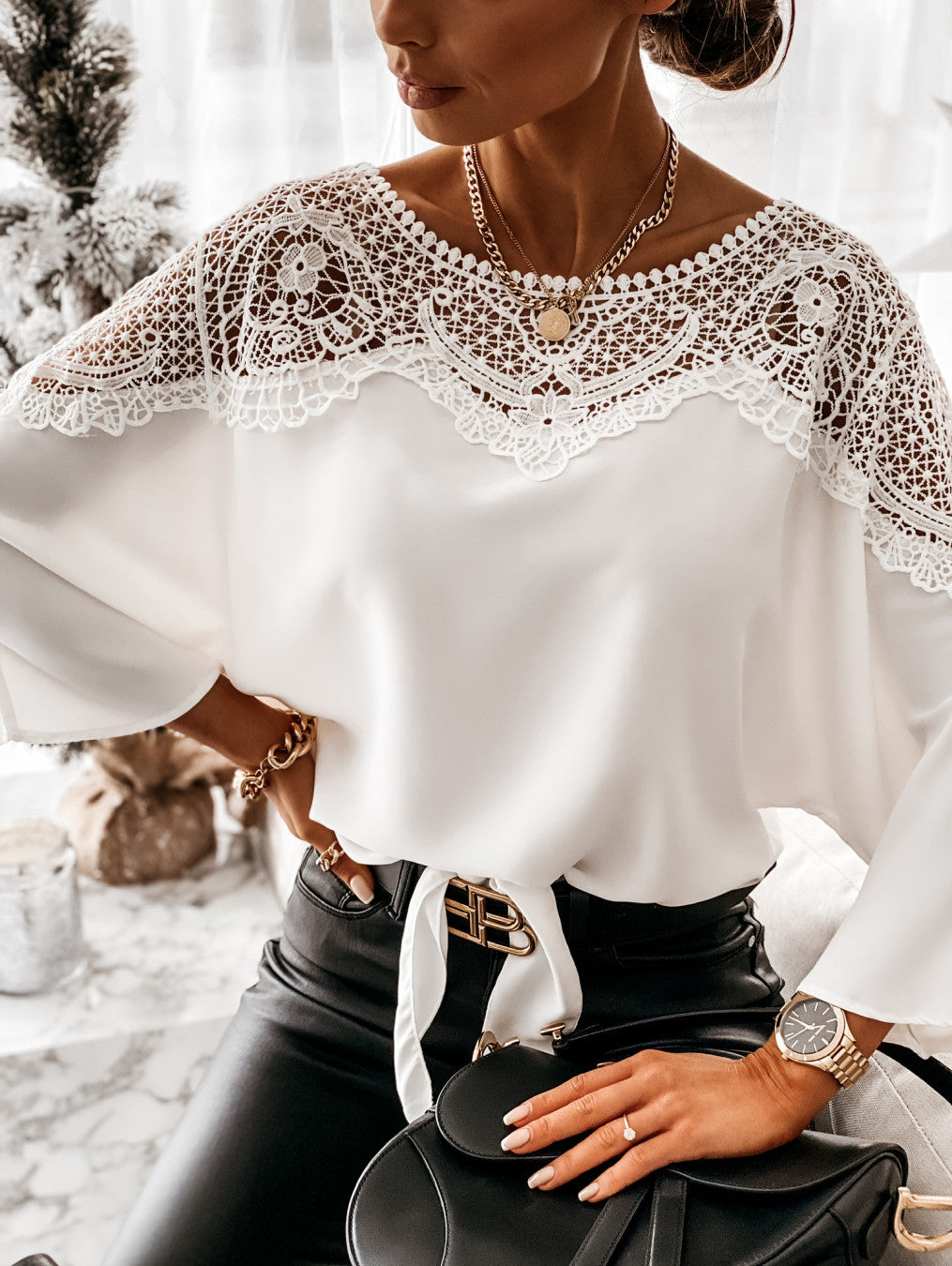 Womens Elegant Lace Blouse | Stylish Long Sleeve Top with Flared Cuffs 1