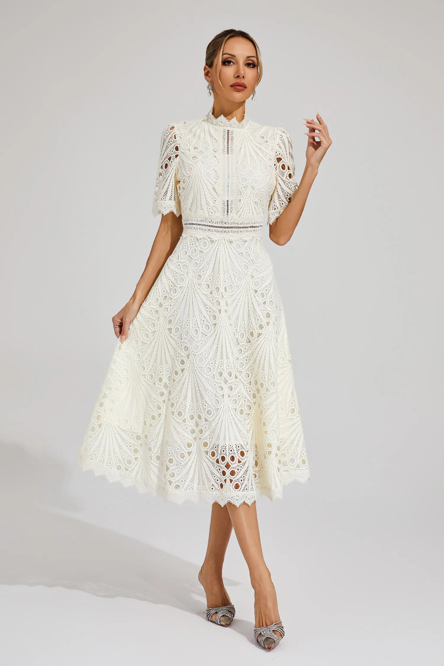 Women's Elegant Lace Midi Dress | High Neck Flared Summer Cocktail Dress 0