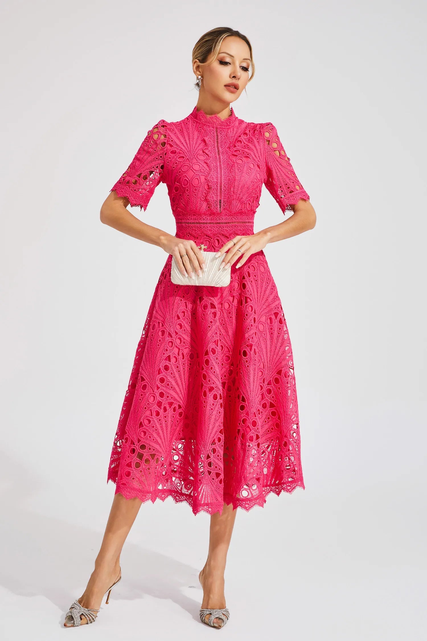 Women's Elegant Lace Midi Dress | High Neck Flared Summer Cocktail Dress 2