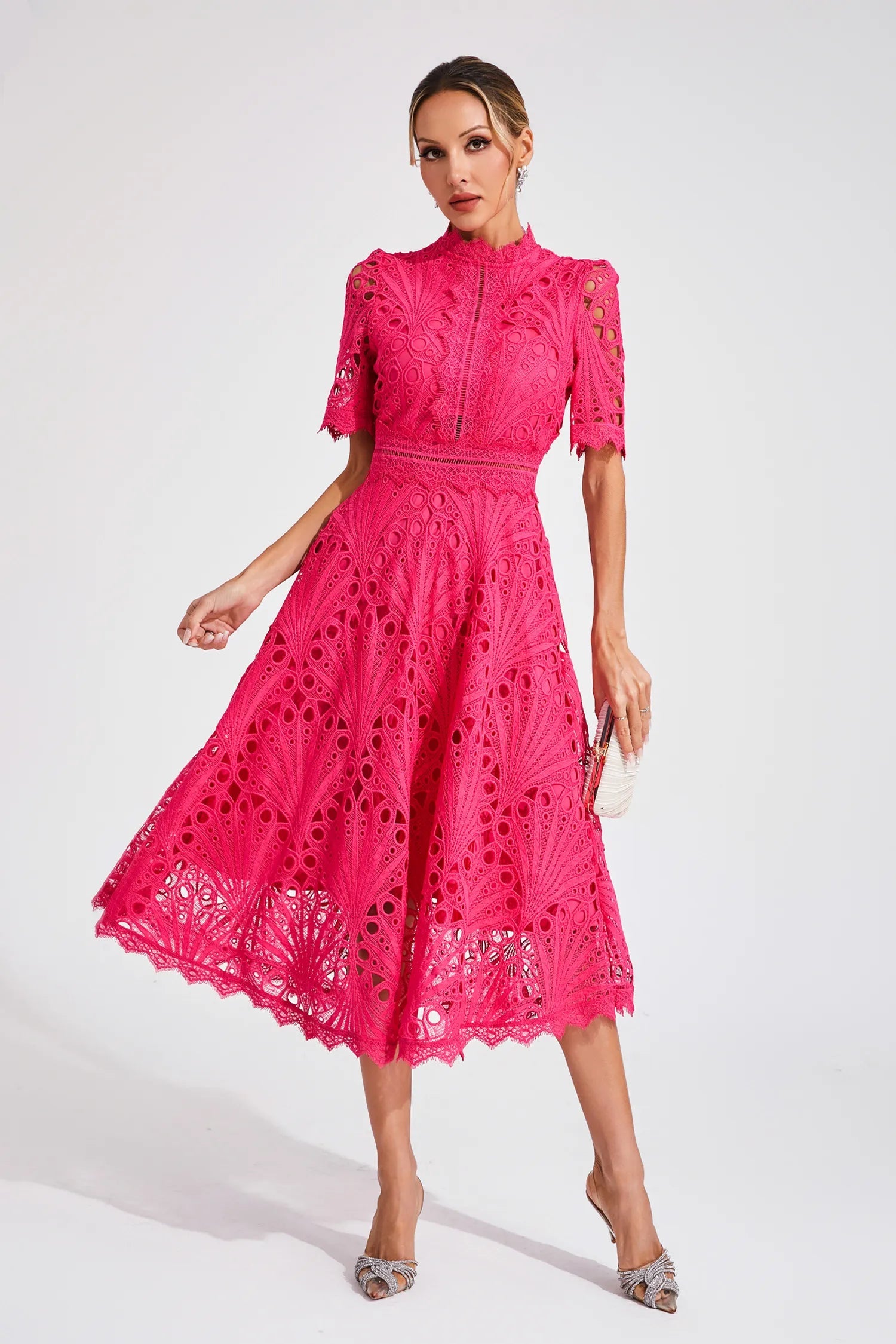 Women's Elegant Lace Midi Dress | High Neck Flared Summer Cocktail Dress 3