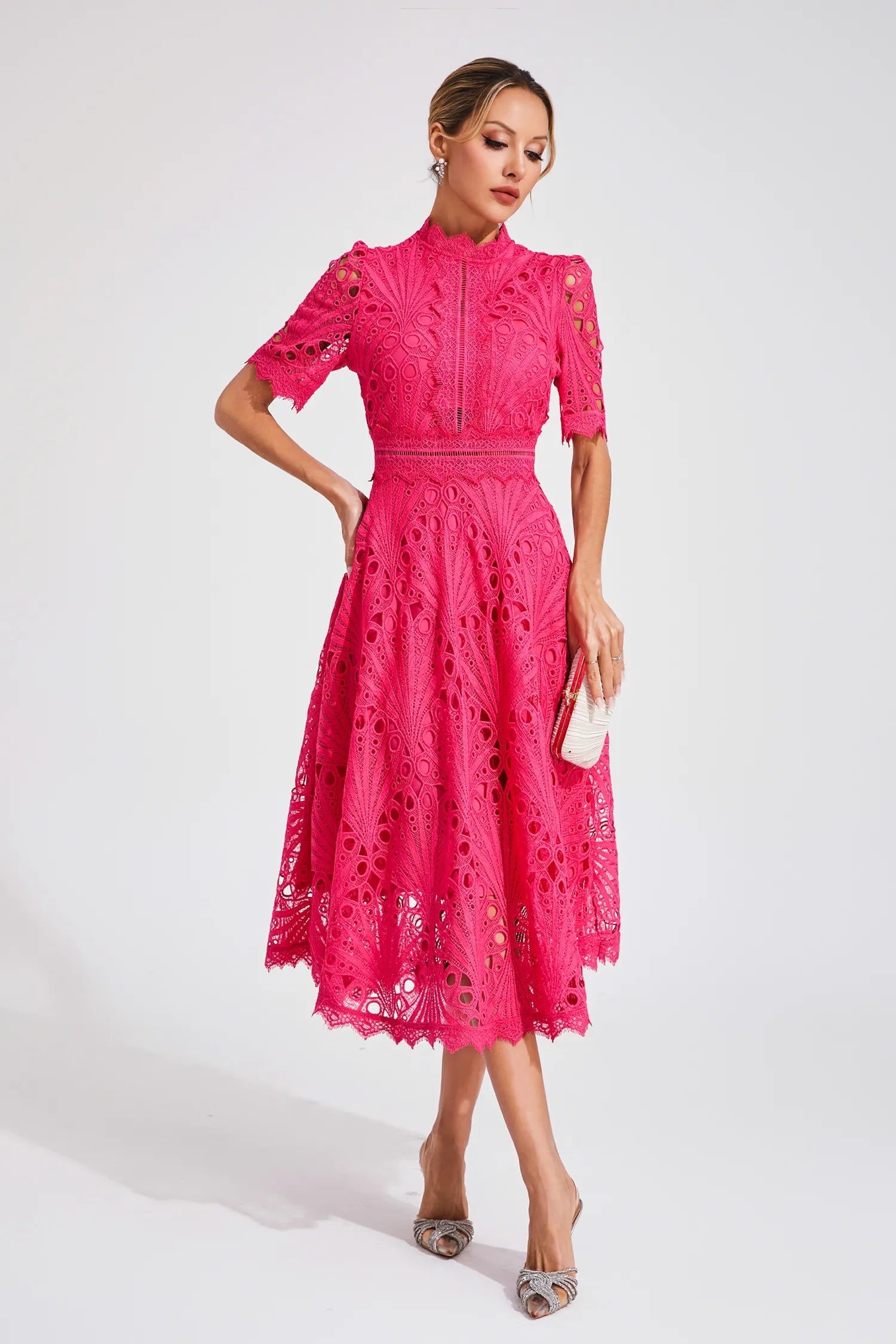 Women's Elegant Lace Midi Dress | High Neck Flared Summer Cocktail Dress 4