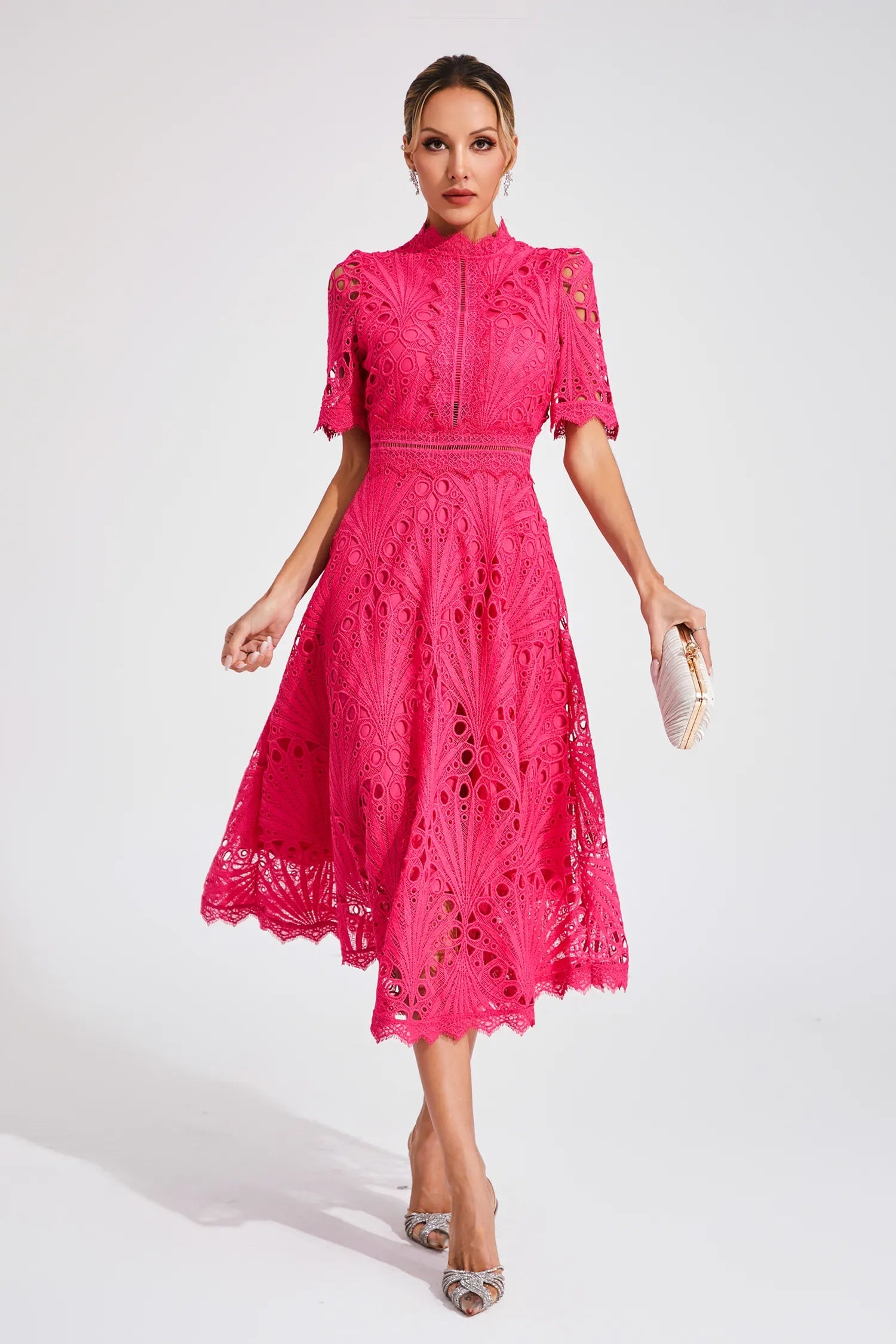 Women's Elegant Lace Midi Dress | High Neck Flared Summer Cocktail Dress 6