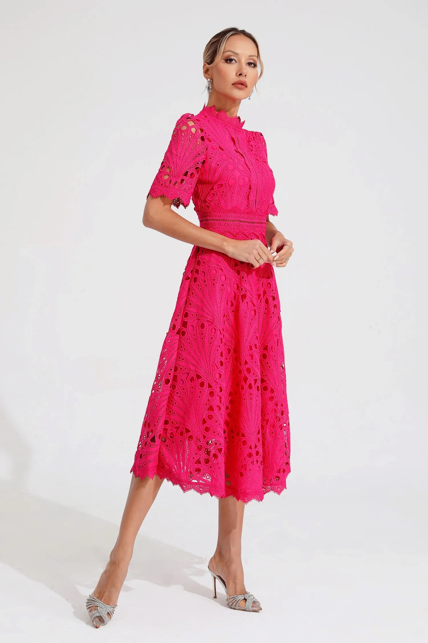 Women's Elegant Lace Midi Dress | High Neck Flared Summer Cocktail Dress 7