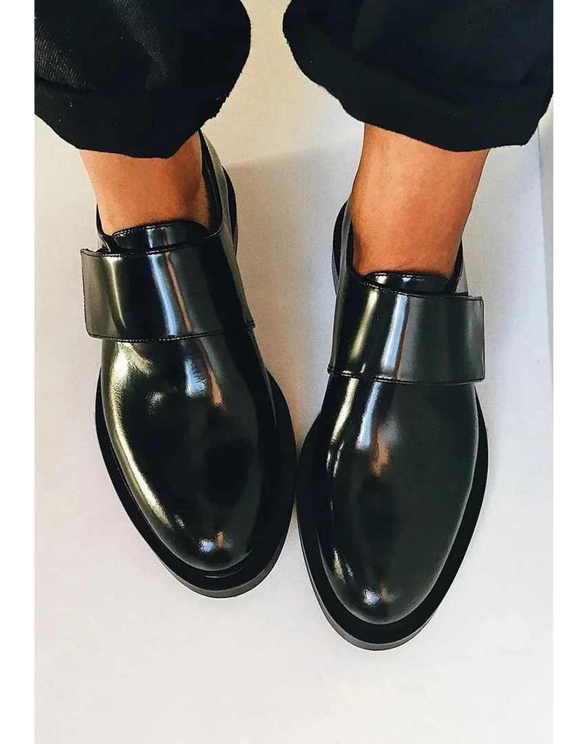 Women's Elegant Leather Strap Loafers | Chic Black Slip-On Shoes 0
